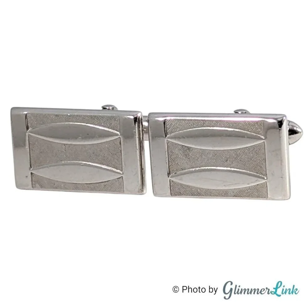 Vintage Swank Rectangular Textured Smooth Oval Geometric Silver Tone Cufflinks